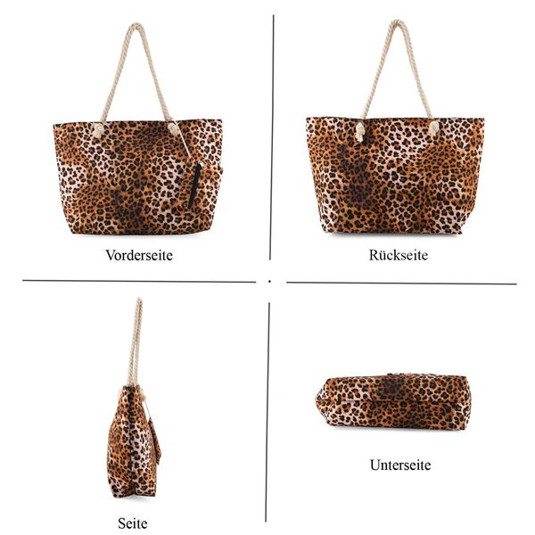 " lifestyle-Color:brown Leopard print;   Size/Profile:Set of 2 Polyester tote bag ;  Wall (exterior):Polyester,Lining (Interior):polyester  Tote bag Pockets (exterior):Zipped-1 Mini bag Pockets (exterior):zipped-1; big  size:56*36*16 cm  small size:15*12c image number 4