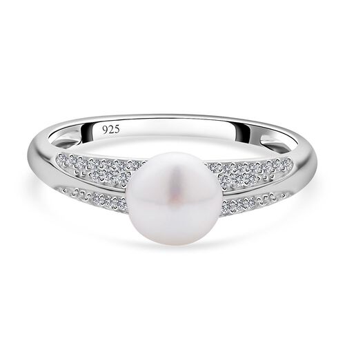 Weiße Süßwasserzuchtperle und weißer Zirkonia-Ring, 7-8 mm - 0,27 ct. image number 0