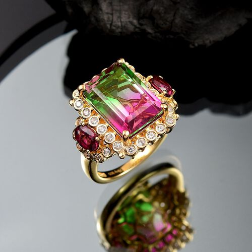 Regal Bloom - D joy Wassermelonen Quarz Triplette, Rhodolith Granat Ring 925 Silber 750 Gelbgold Vermeil (Größe 19.00) ca. 9.66 ct image number 1