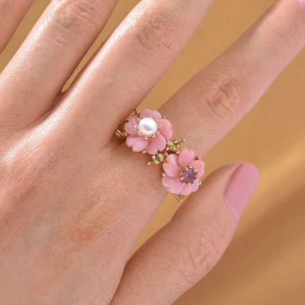 D'Joy Nat&uuml;rliche Rosa K&ouml;nigsmuschel Perle (12X12), Rosa Amethyst, Peridot Ring 925 Silber Ros&eacute;gold Vermeil (Gr&ouml;&szlig;e 21.00) image number 2
