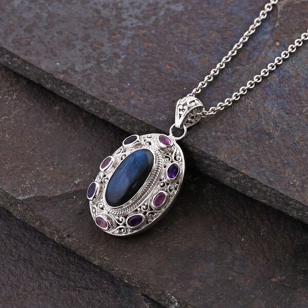 Labradorit, Ilakaka Rosa Saphir (Fissure gefüllt) Anhänger 925 Silber ca. 11.40 ct image number 2