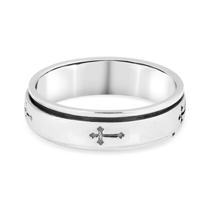 Handgearbeiteter Spinning Band-Ring mit graviertem Kreuz, 925 Silber platiniert (Gr&ouml;&szlig;e 18.00)