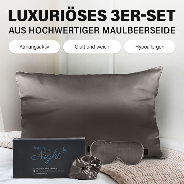 3er Set - Kissenbezug, Haargummi und Augenmaske aus Maulbeerseide - Grau image number 1