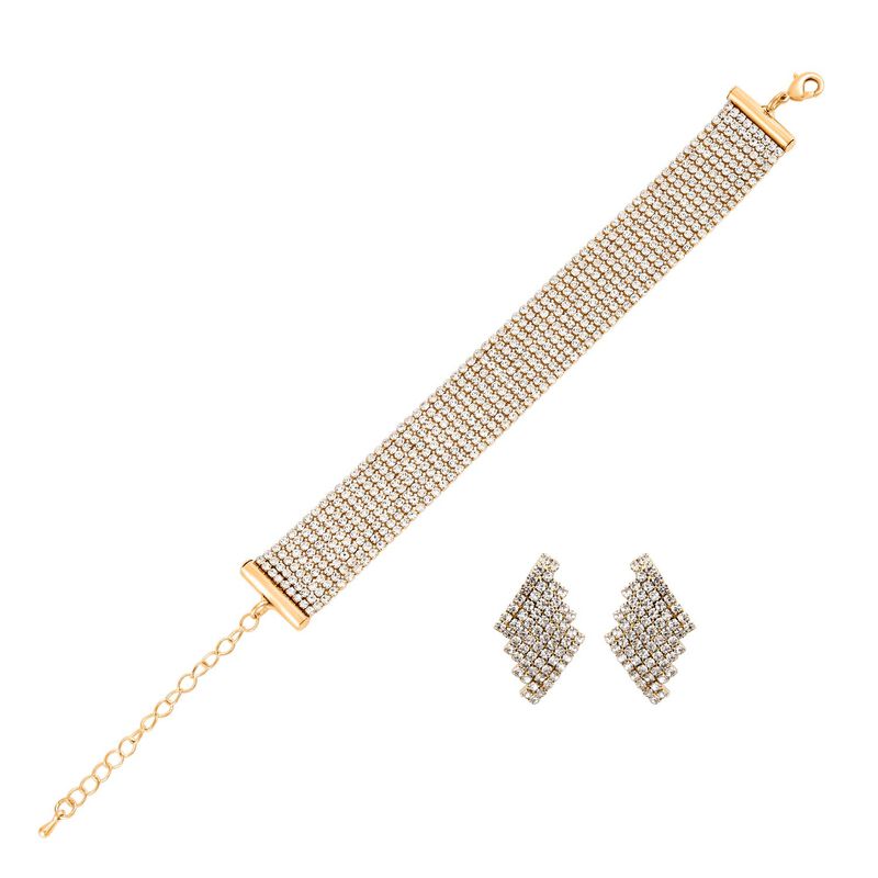 2er Set - Weißer Kristall Armband und Ohrringe, goldfarben image number 0