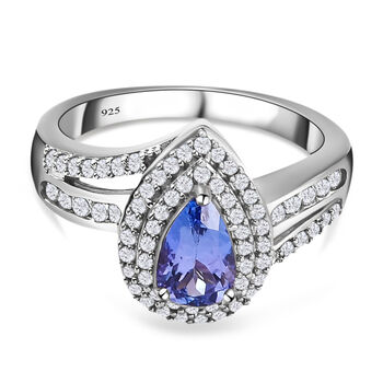 AA Tansanit und wei&szlig;er Zirkon-Ring, 925 Silber platiniert (Gr&ouml;&szlig;e 17.00) ca. 1.73 ct