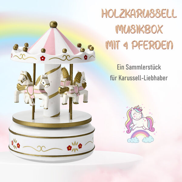 Holzkarussell Musikbox mit 4 Pferden, weiß und gold image number 3