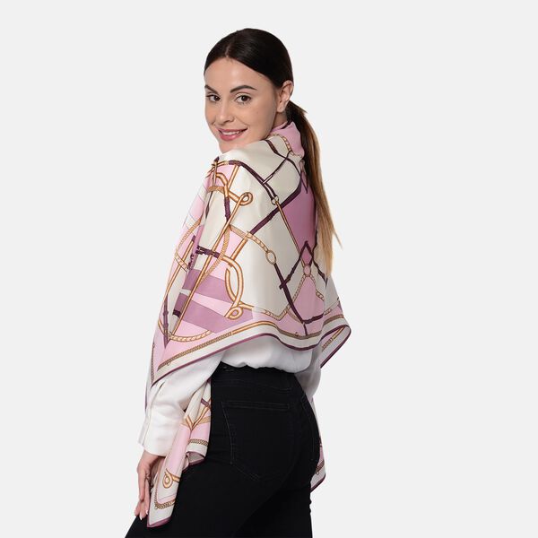 LA MAREY: Bedruckter Schal aus 100 % Maulbeerseide, Kettenmuster, inkl. Geschenkbox, Rosa und Wei&szlig;&nbsp; image number 2