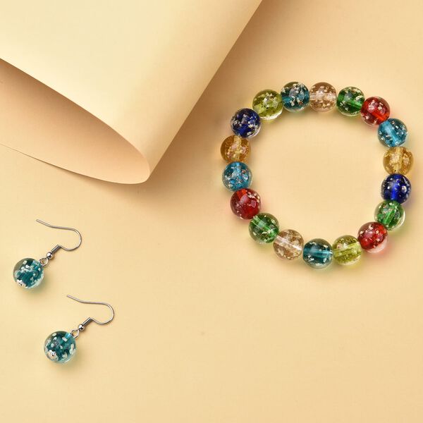 2er Set - Murano-Glasperlen Design, flexibles Armband und Ohrringe, Reiner Edelstahl, Mehrfarbig image number 1