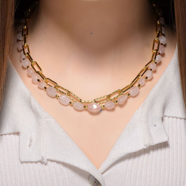 Rosenquarz Halskette, flexibel, vergoldet ca. 130.00 ct image number 2