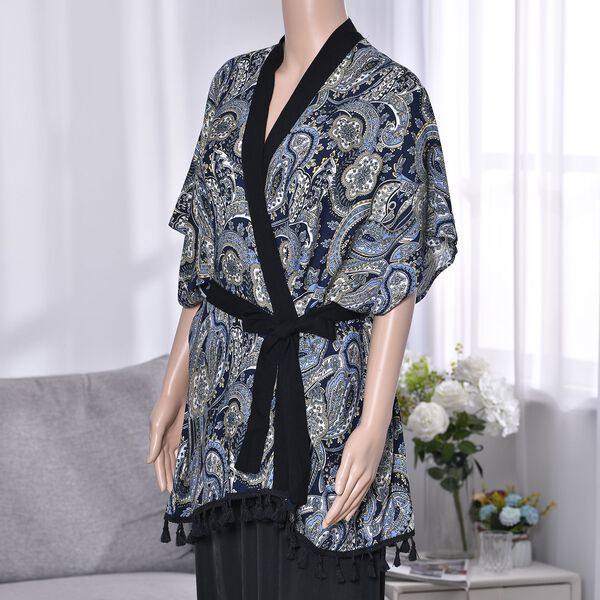 Kurzärmeliger Kimono mit Blumendruck, schwarzem Gürtel, mehrfarbig image number 3