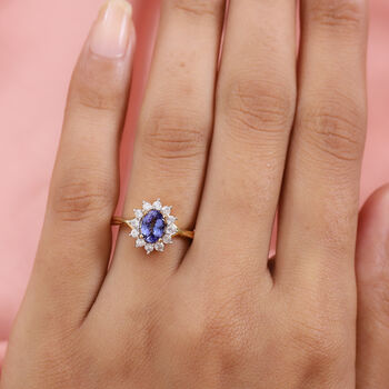 Tansanit und Zirkon Halo Ring 925 Silber Gelbgold Vermeil