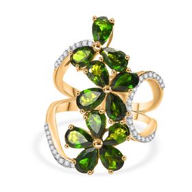 D’joy Natürlicher Chromdiopsid, Weißer Zirkon Ring 925 Silber 750 Gelbgold Vermeil (Größe 17.00) ca. 5,70 ct