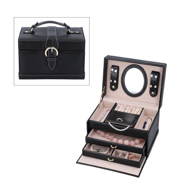 3-lagiger Schmuckkasten mit Schlangenhautmuster und Griff, Gr&ouml;&szlig;e 22x16x14 cm, Schwarz image number 0