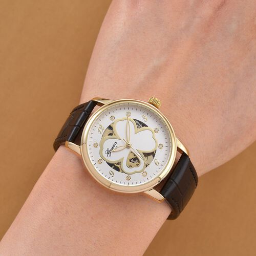 GENOA TIME V2 Automatikuhr mit Automatikwerk, Zifferblatt mit Blumenmuster und Moissaniten, schwarzes Lederarmband, 36 mm, ca. 0,08 ct. image number 1