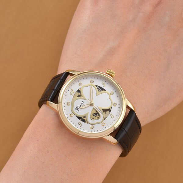 GENOA TIME V2 Automatikuhr mit Automatikwerk, Zifferblatt mit Blumenmuster und Moissaniten, schwarzes Lederarmband, 36 mm, ca. 0,08 ct. image number 2