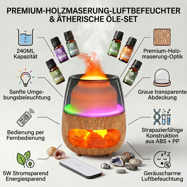 Aroma-Luftbefeuchter mit Holzoptik, Steindekor, LED Licht, Fernbedienung, 240 ml, inkl. 6 Duft&ouml;le, Grau/Transparent image number 5