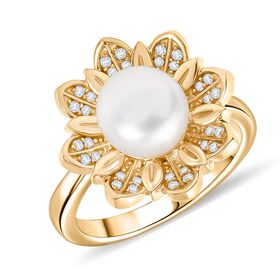 Süßwasser Perle (ca. 10-10.5 mm), Weißer Zirkon Ring Nickelfreies Messing (Größe 17.00)