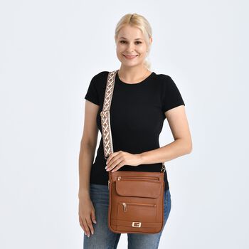 Crossbody-Tasche mit gewebtem Schulterriemen und Rei&szlig;verschlussf&auml;chern, 24x28 cm, Braun