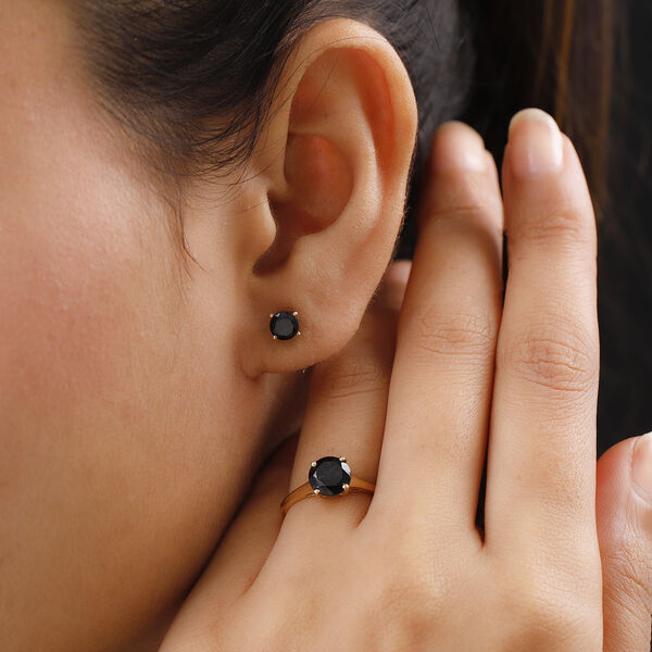2er - Set Schwarzer Spinell Solit&auml;r Ring und Ohrstecker 925 Silber vergoldet ca. 2,88 ct image number 3
