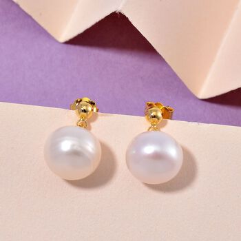 Wei&szlig;e S&uuml;&szlig;wasser Perle (8-10 mm) Ohrringe 925 Silber vergoldet