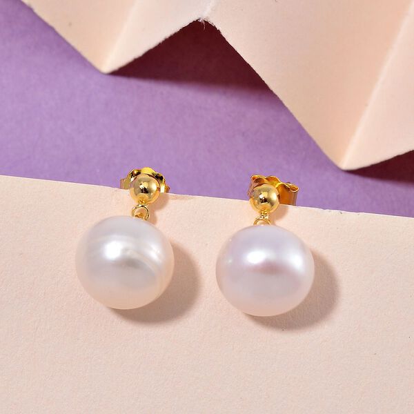 Wei&szlig;e S&uuml;&szlig;wasser Perle (8-10 mm) Ohrringe 925 Silber vergoldet image number 2