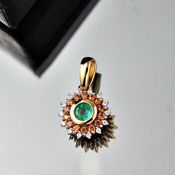 Regal Halo - D joy Kagem Sambischer Smaragd, Brauner Zirkon Anh&auml;nger 925 Silber 750 Gelb Vergoldet ca. 0,70 ct.