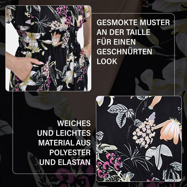 Jumpsuit mit gesmokter Taille und Flatterärmel, schwarz, Blumenmuster image number 4