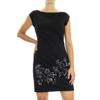 DESIGUAL, Designer-Kleid mit kurzen &Auml;rmeln und floralem Laserschnitt, Schwarz, Gr&ouml;&szlig;e 40