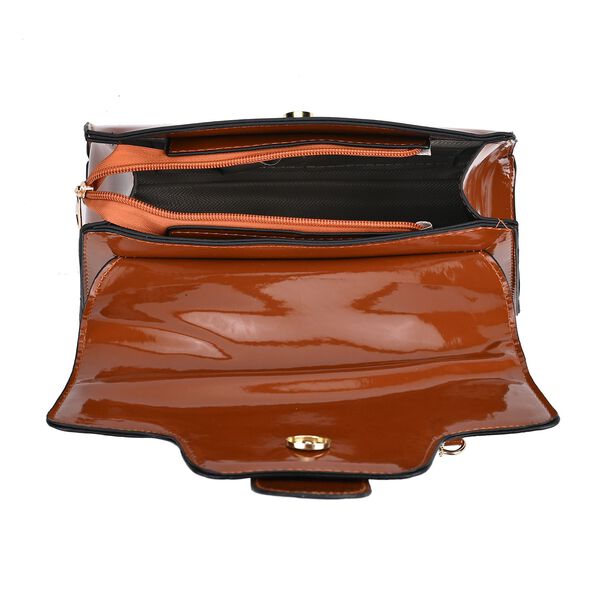Premium PU Lackleder Handtasche mit Schlangen Prägung und extra Riemen, 28 x 19 x 11 cm, Cognac image number 6