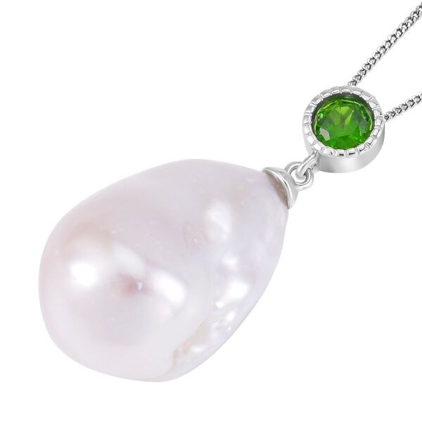 Wei&szlig;e Barockperle, Nat&uuml;rlicher Chromdiopsid Anh&auml;nger mit Kette, 925 Silber rhodiniert image number 4