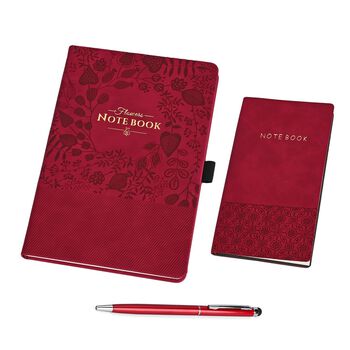 Premium Set; Notizbuch und Taschentagebuch mit geschnitztem, samtigem Hardcover und Kugelschreiber, Rot