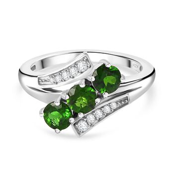 Nat&uuml;rlicher Chromdiopsid, Wei&szlig;er Zirkon Ring 925 Silber rhodiniert (Gr&ouml;&szlig;e 17.00) ca. 1,29 ct