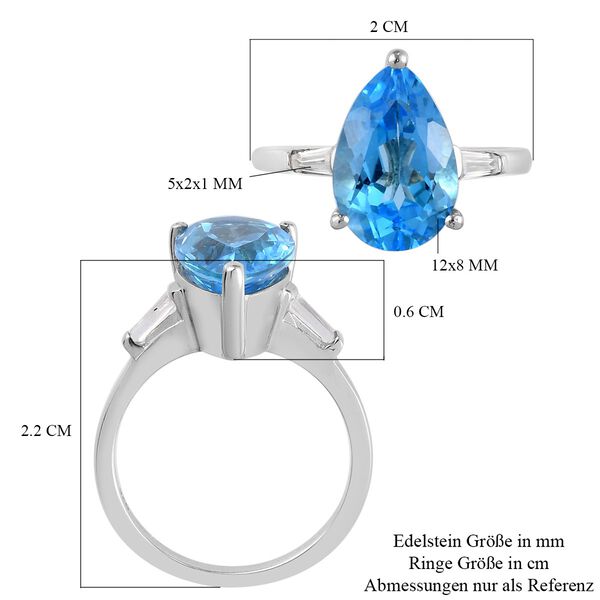 Schweizer Blautopas und Zirkon Solitär Ring 925 Silber Platin-Überzug image number 6