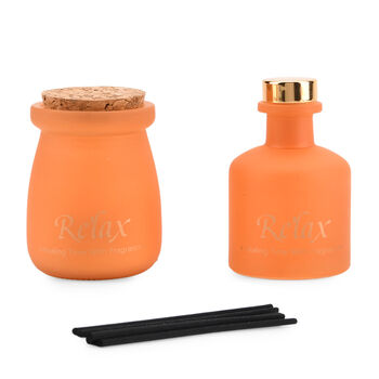 2er Set - Duftkerze 5 x 7 cm und &Ouml;l-Diffusor 50 ml mit St&auml;bchen, Orange & English Pear Freesia