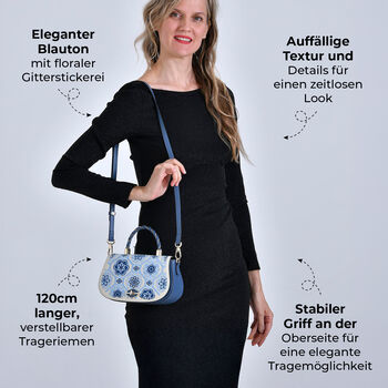 GRAND PELLE Umh&auml;ngetasche aus echtem Leder, Florale Gitterstickerei, mit Tragegriff und Schulterriemen, 23&times;9&times;13 cm, Blau