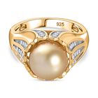 AA Goldene Südsee Perle, Weißer Zirkon Ring 925 Silber 750 Gelbgold Vermeil (Größe 17.00)