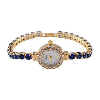 Genoa Time V2 - PC21S Japanisches Uhrwerk, Geh&auml;use mit wei&szlig;en Kristallakzenten und PNP-Goldplattierung, runder Zifferblatt mit wei&szlig;en Ziffern und Kristallen, Kupferkette mit blauen Zirkonia