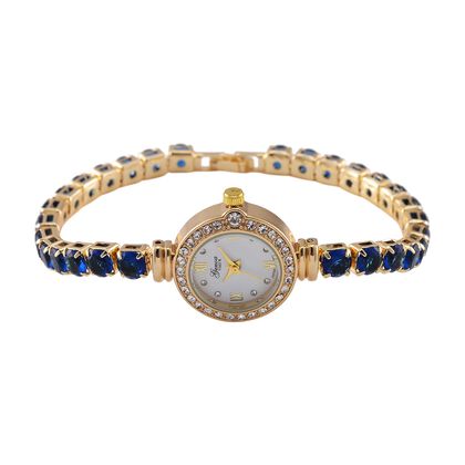 Genoa Time V2 - PC21S Japanisches Uhrwerk, Geh&auml;use mit wei&szlig;en Kristallakzenten und PNP-Goldplattierung, runder Zifferblatt mit wei&szlig;en Ziffern und Kristallen, Kupferkette mit blauen Zirkonia