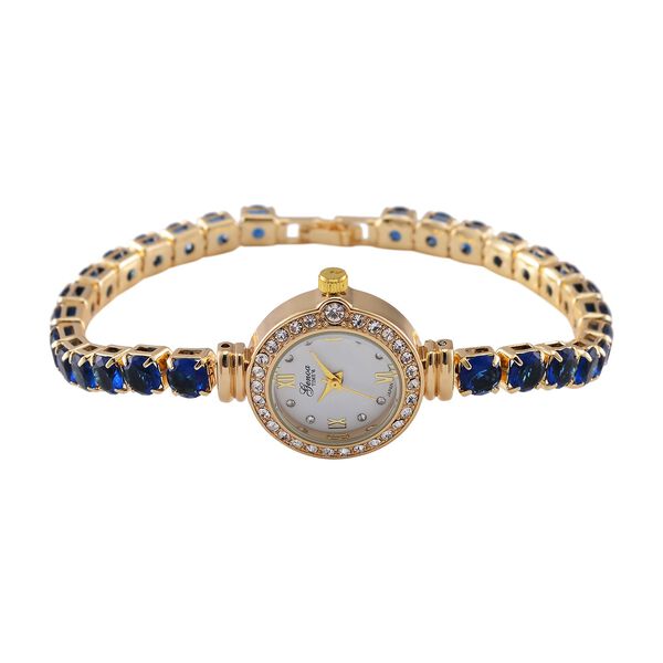 Genoa Time V2 - PC21S Japanisches Uhrwerk, Geh&auml;use mit wei&szlig;en Kristallakzenten und PNP-Goldplattierung, runder Zifferblatt mit wei&szlig;en Ziffern und Kristallen, Kupferkette mit blauen Zirkonia