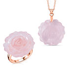 2er Set - Handgeschnitzter Rosenquarz Anhänger mit Kette und Ring (Größe 16.00), roséfarben, ca. 30.00 ct