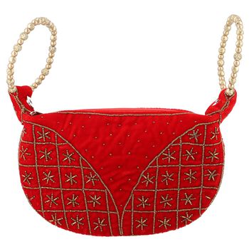 Handgefertigte Gl&uuml;ckskekstasche aus Samtbrokat mit Perlen, 16.5x24 cm, rot