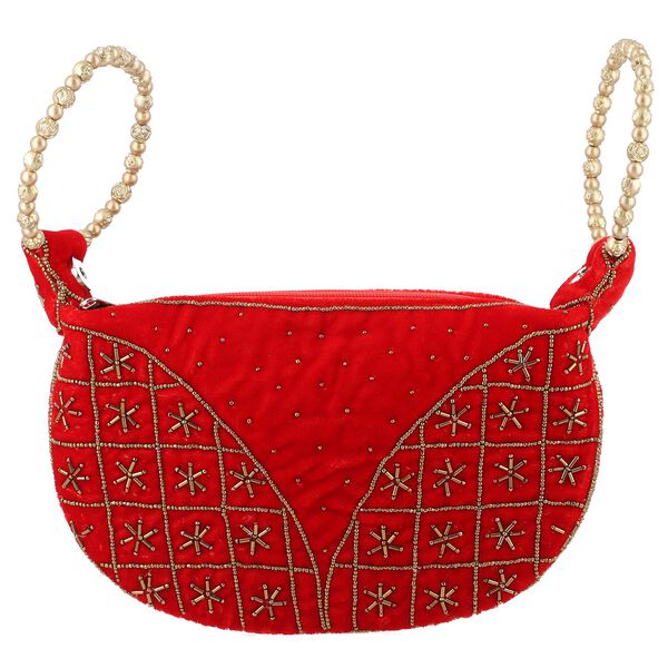 Handgefertigte Gl&uuml;ckskekstasche aus Samtbrokat mit Perlen, rot