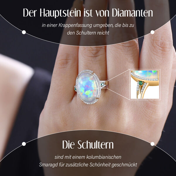 AAAA Natürlicher, äthiopischer Welo Opal, Diamant und kolumbianischer Smaragd-Ring in 585 Gold - 9,01 ct. image number 3