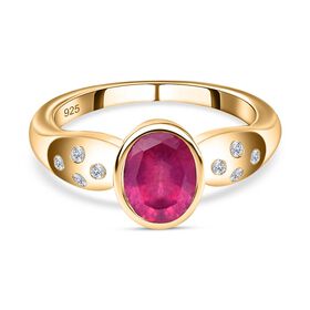 Afrikanischer Rubin (Fissure gefüllt), Weißer Zirkon Ring, 925 Silber vergoldet (Größe 20.00) ca. 1.81 ct
