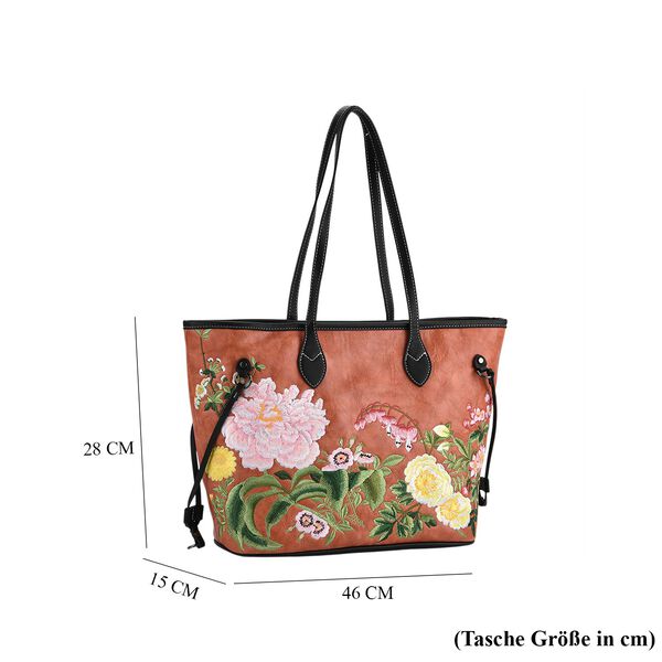 Bestickter Shopper, Kunstleder, Blumen Design, 46 x 15 x 28 cm, Orange image number 8