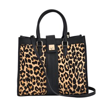 LA MAREY - Echtleder Handtasche 33x14x27,5cm, Griff 11cm, Crossbody 120cm, schwarz mit Leopardmuster