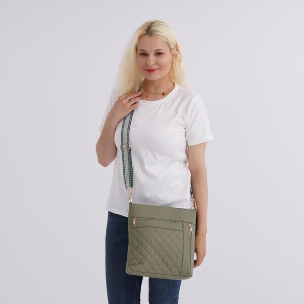 Crossbody-Tasche mit Steppmuster und Schultergurt, 3 Reißverschlussfächer, 21x13x7,5cm, Grün image number 2