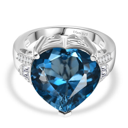 HEART OF THE OCEAN - London Blau Topas, Moissanit Ring 925 Silber rhodiniert (Gr&ouml;&szlig;e 20.00) ca. 14.06 ct