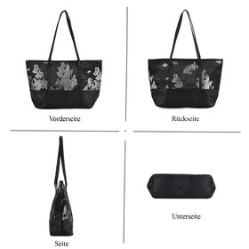 Große Tragetasche mit Blumenmuster, 48×29×14 cm, Schwarz