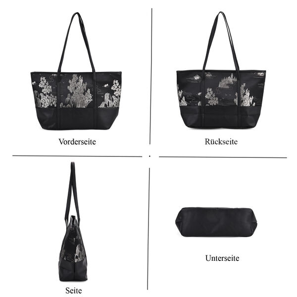Gro&szlig;e Tragetasche mit Blumenmuster, 48&times;29&times;14 cm, Schwarz image number 3